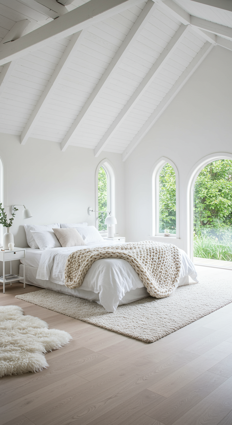 Lichte slaapkamer met gebogen ramen, wit beddengoed en beige gebreid plaid.