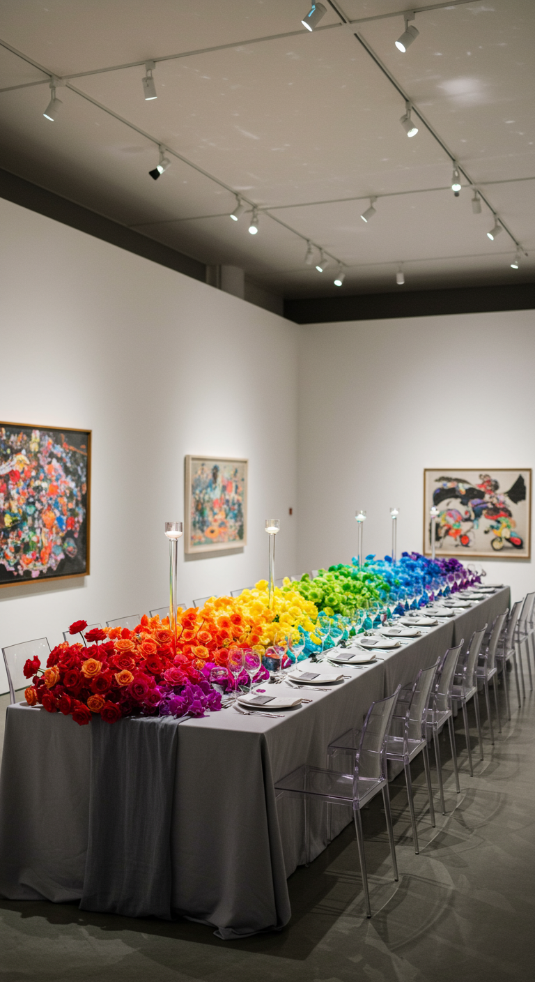 Lange eettafel met bloemen in perfecte regenboogvolgorde als centerpiece.