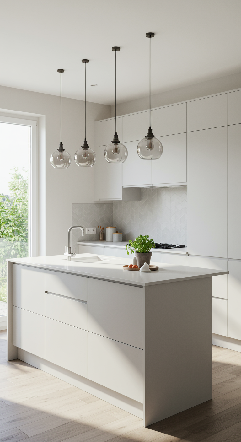 Witte minimalistische keuken met glazen hanglampen boven kookeiland.