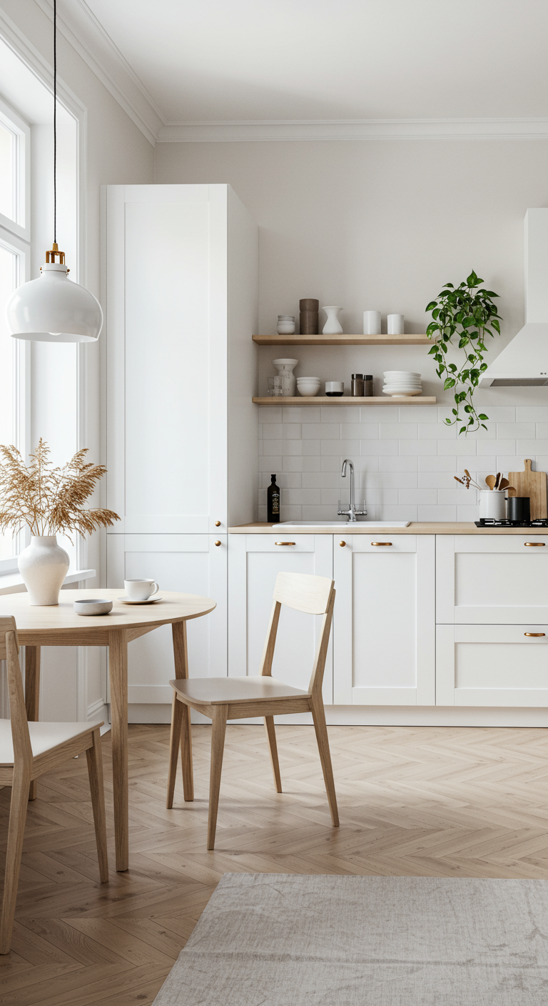 Minimalistische witte keuken met houten eettafel, plant en open planken.
