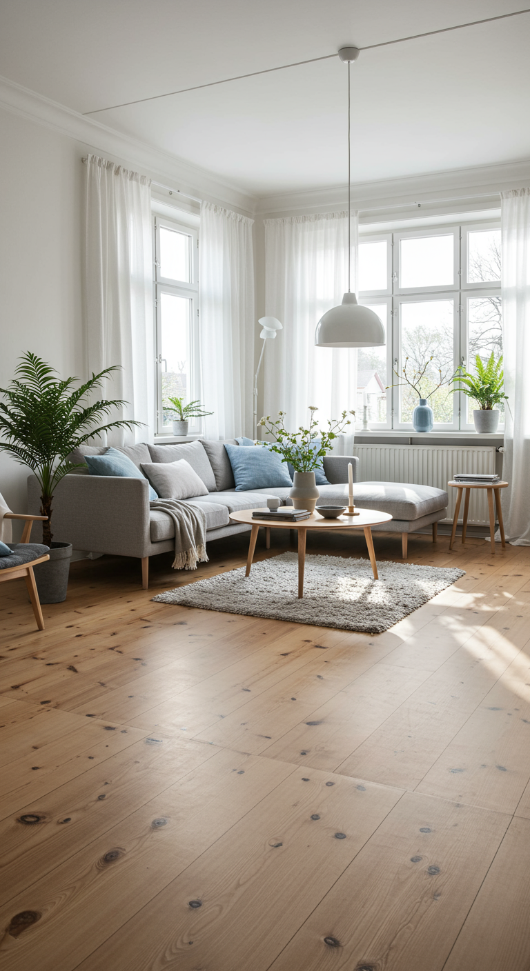 Lichte woonkamer met houten vloer, grijze bank, witte gordijnen en veel daglicht.