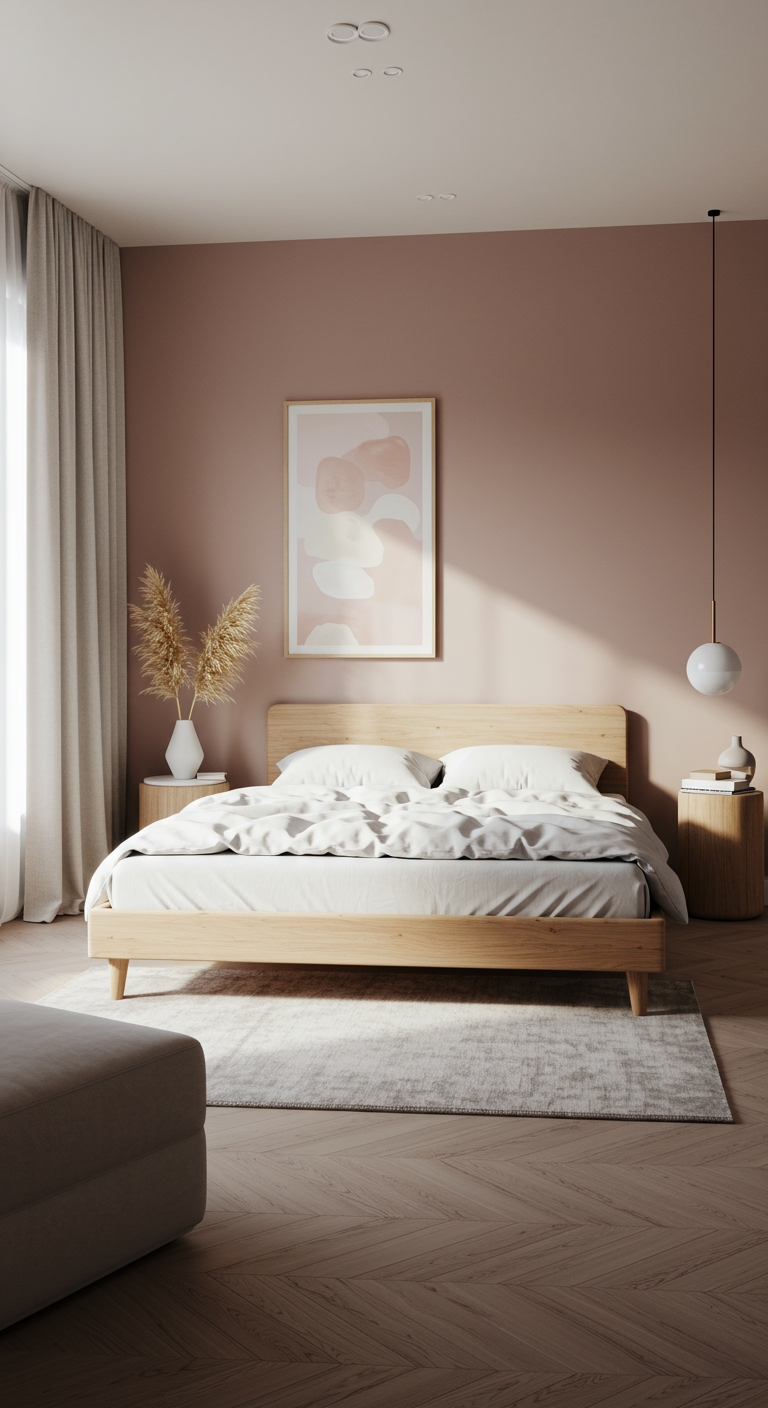 Slaapkamer met poederroze muur, houten bed en abstracte kunst.