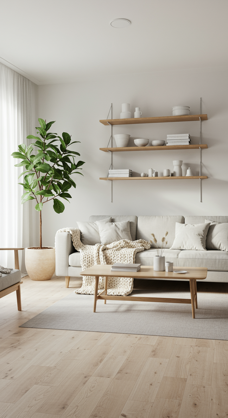 Woonkamer met lichte houten vloer, beige bank en open houten wandplanken met decoratie.
