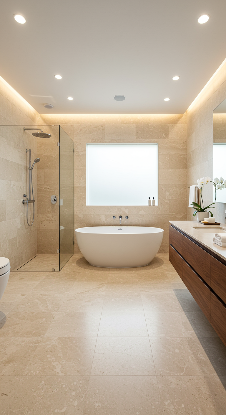Moderne badkamer met beige natuursteen tegels, vrijstaand bad en zwevend houten meubel.