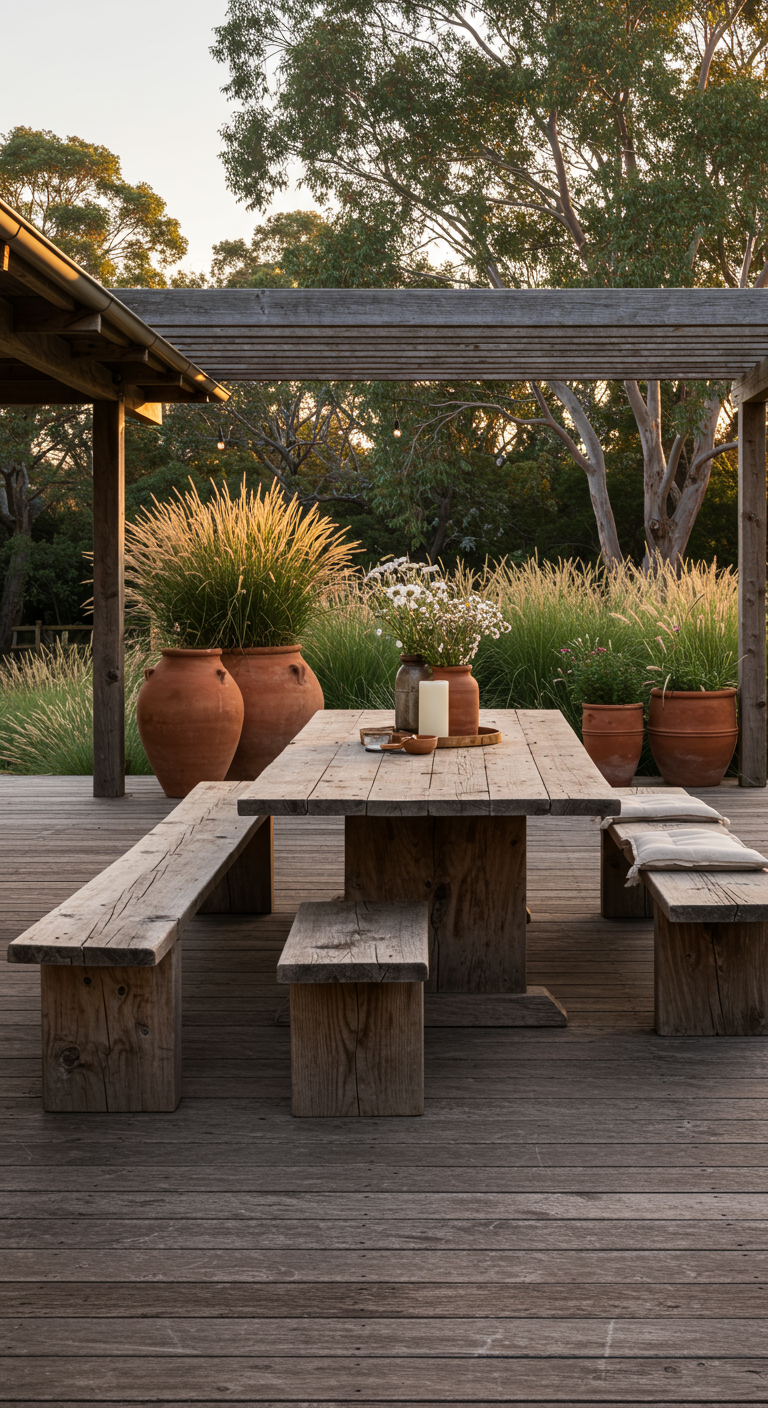 Houten eettafel en banken op vlonder, omringd door terracotta potten met siergrassen.