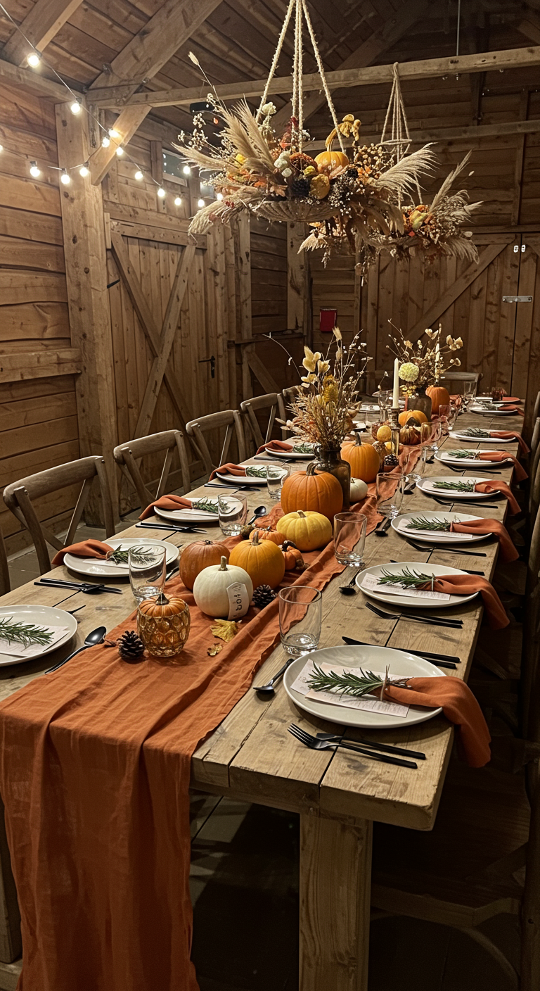 Rustieke herfsttafel met oranje servetten en pompoenen.