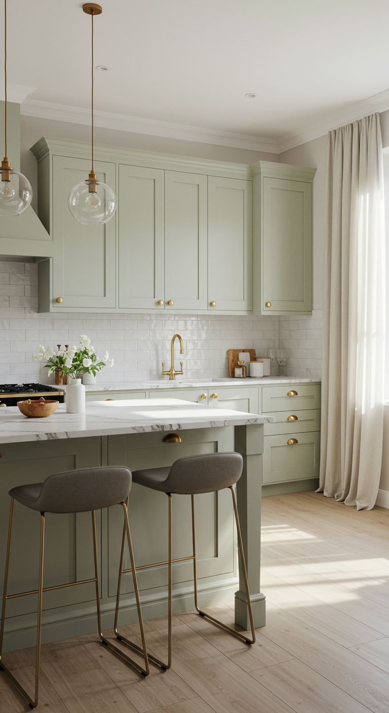 Saliegroene keuken met kookeiland, gouden knoppen, kraan en glazen hanglampen.