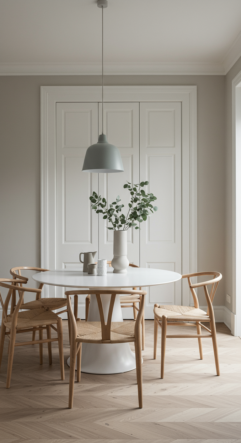 Moderne ronde witte eettafel met houten stoelen en eucalyptus takken in een lichte ruimte.