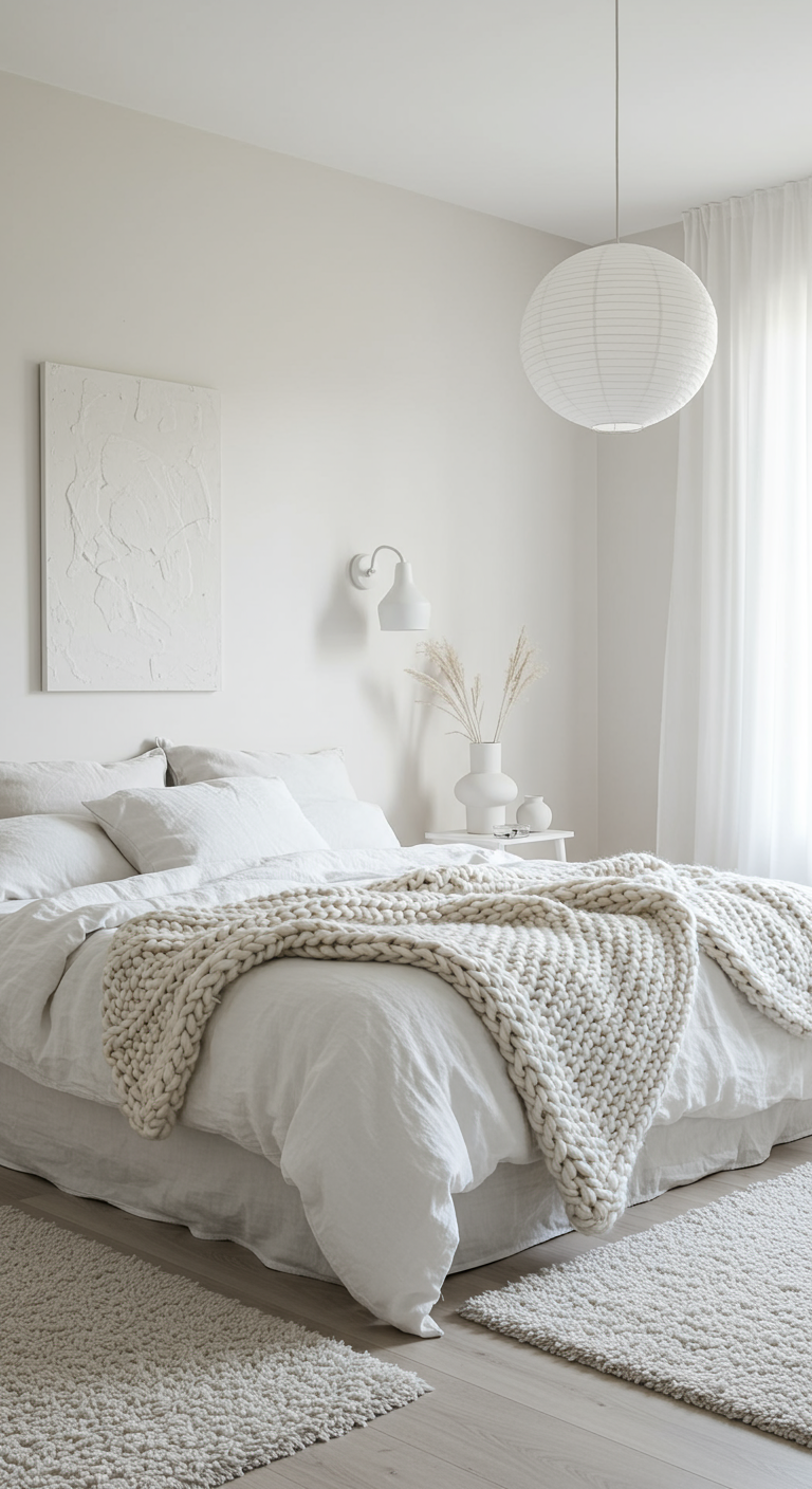 Lichte slaapkamer met wit beddengoed, gebreid deken en witte structuurkunst aan de muur.