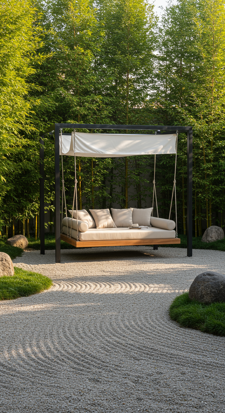 Modern schommelbed met beige kussens in een serene Japanse zentuin met bamboe en geharkt grind.