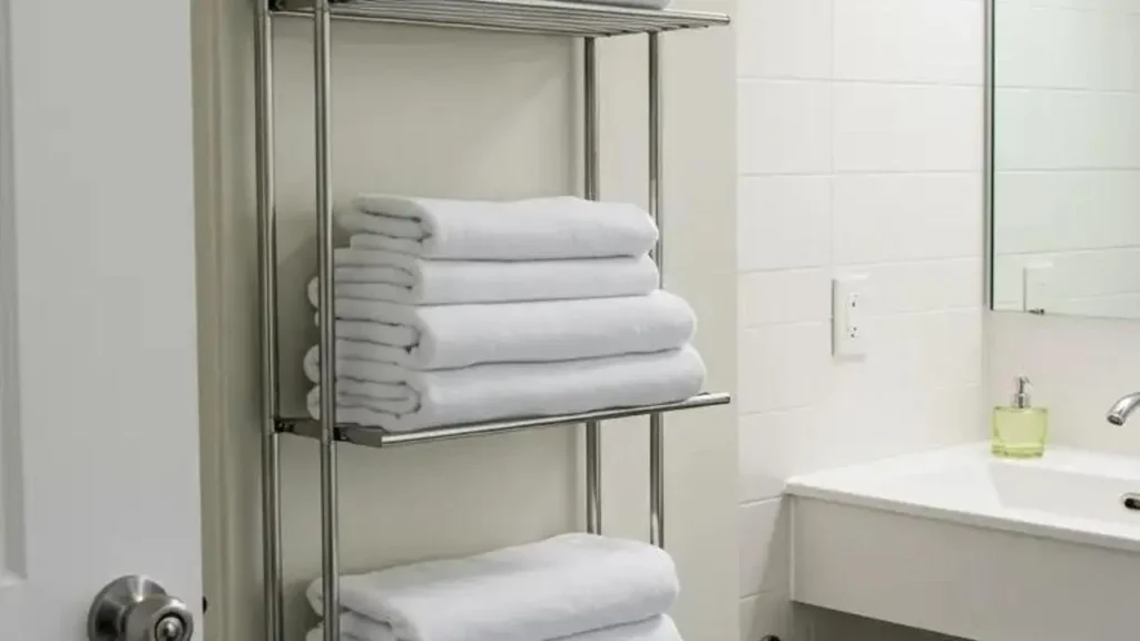 Handdoeken netjes opgeborgen op een rek in een badkamer: slimme handdoekopslag zonder kast.