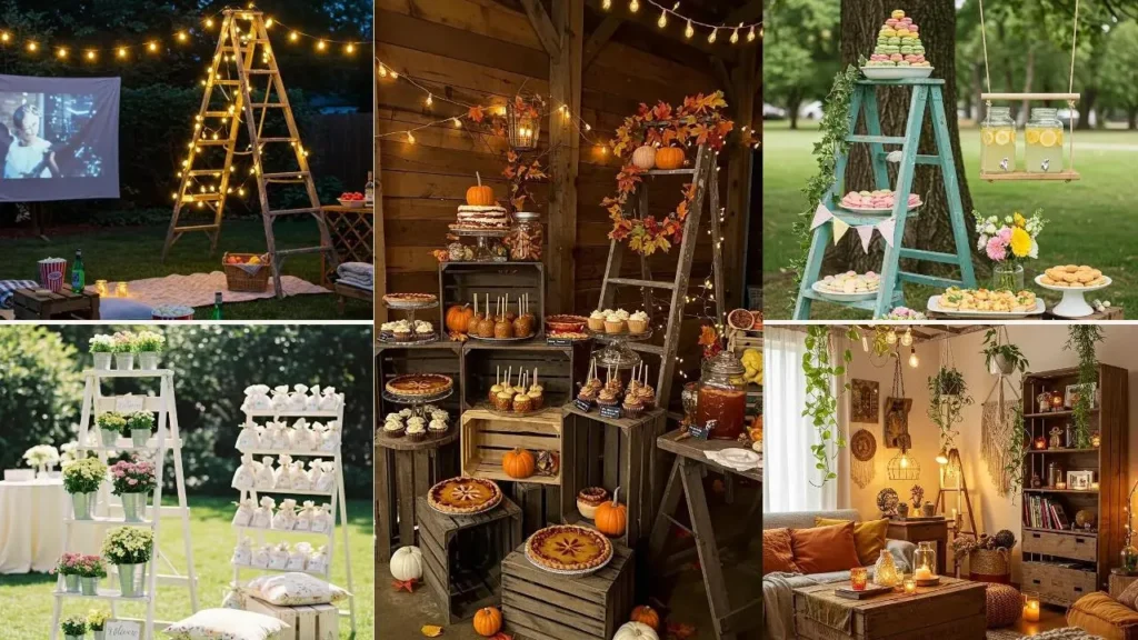 Styling met houten kratten, ladders en rekken. Decoratieve presentaties met etenswaren en planten.