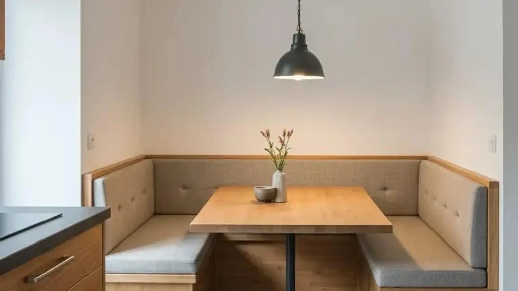 Houten keuken met stalen lamp boven eettafel, perfecte combinatie van materialen.