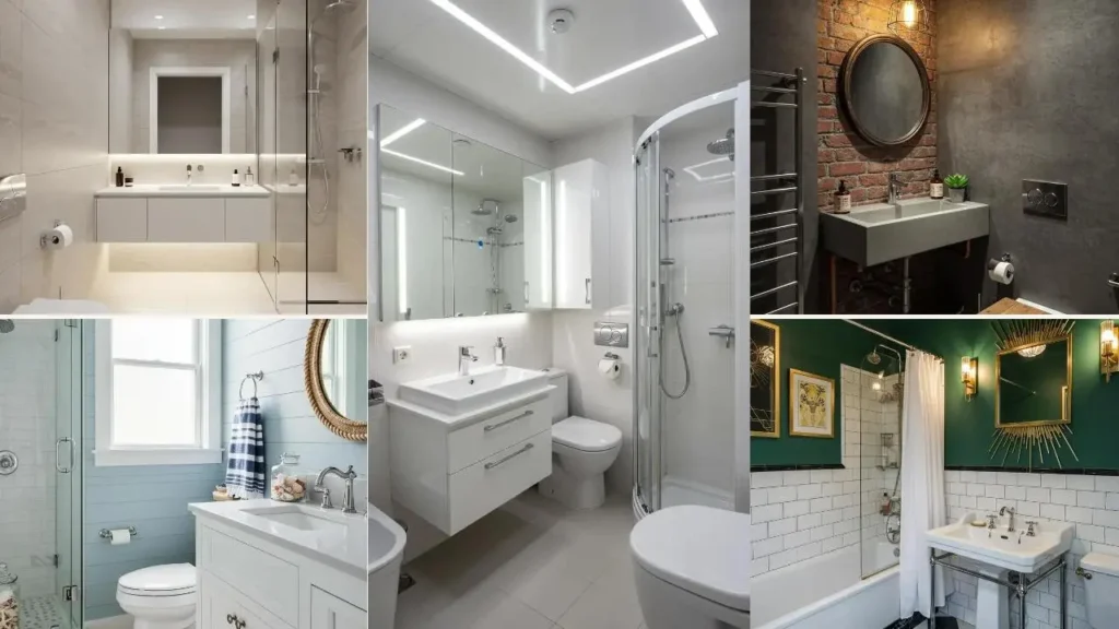 Collage van 5 kleine badkamers met verschillende stijlen en make-overs.