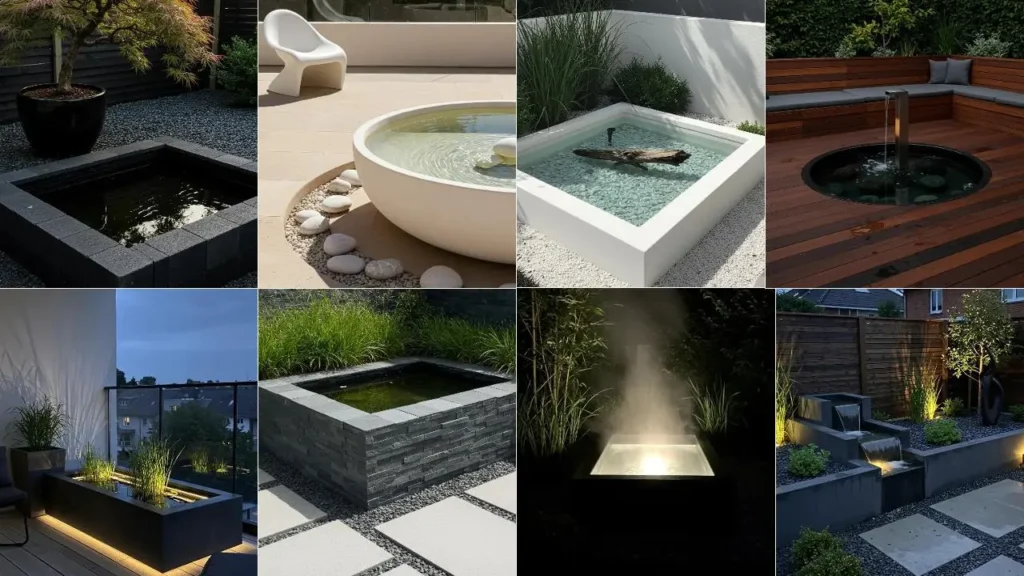 Collage van 8 kleine, strakke vijvers met een modern design in diverse tuinen.