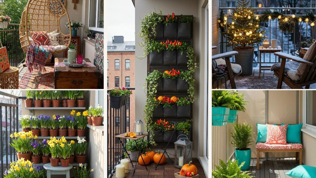 Collage van balkon decor voor elk seizoen, met bloemen, verlichting en meubels.