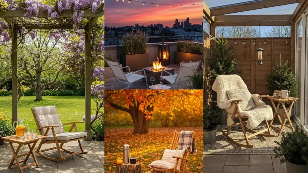 Diverse scenes met inklapbare schommelstoelen in tuin, herfstbos en op een dakterras.