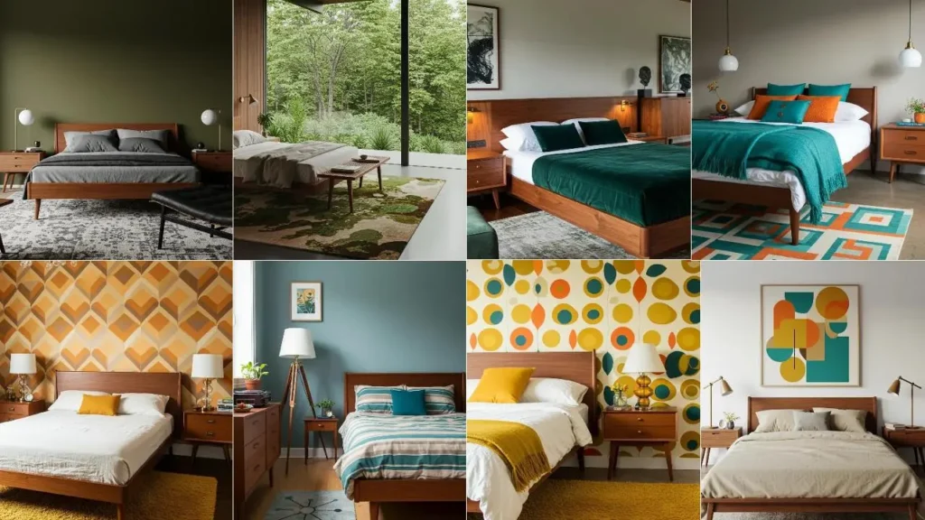 Diverse mid-century slaapkamers met walnoothout meubels en kleurrijke retro patronen op muren en tapijten.