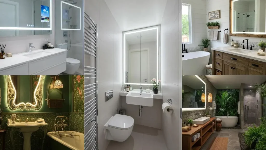Collectie badkamers met diverse sfeervolle spiegels met verlichting, die functionaliteit en design combineren.
