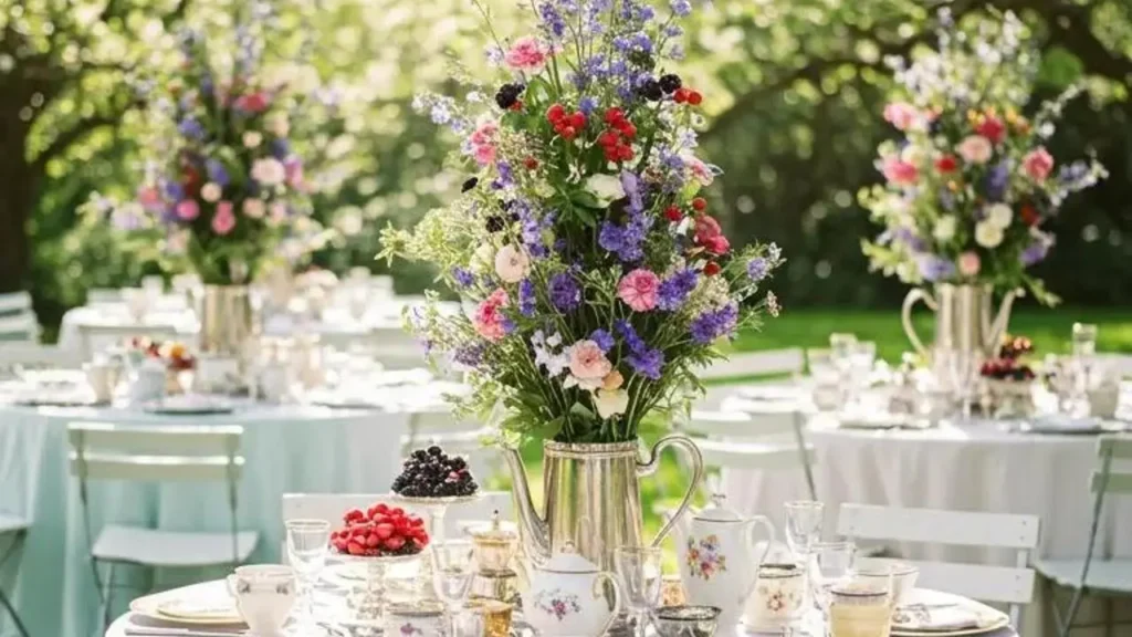 Tafeldecoratie met bloemen in theepot voor brunchwedding.