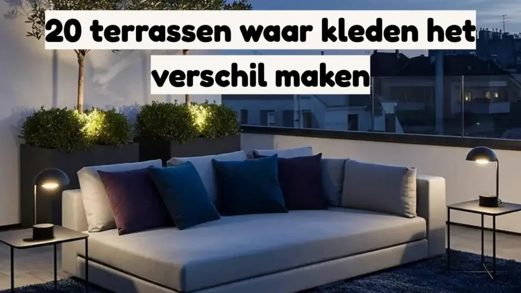 Sfeervol terras 's avonds met kleden, kussens en zachte verlichting.