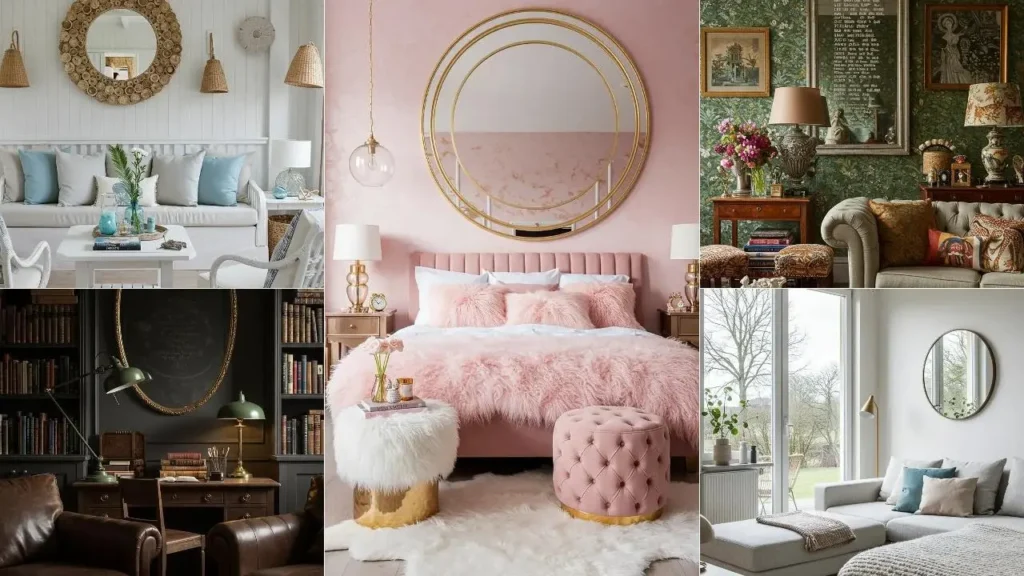 Collage van interieurs met verschillende spiegels als eyecatcher.