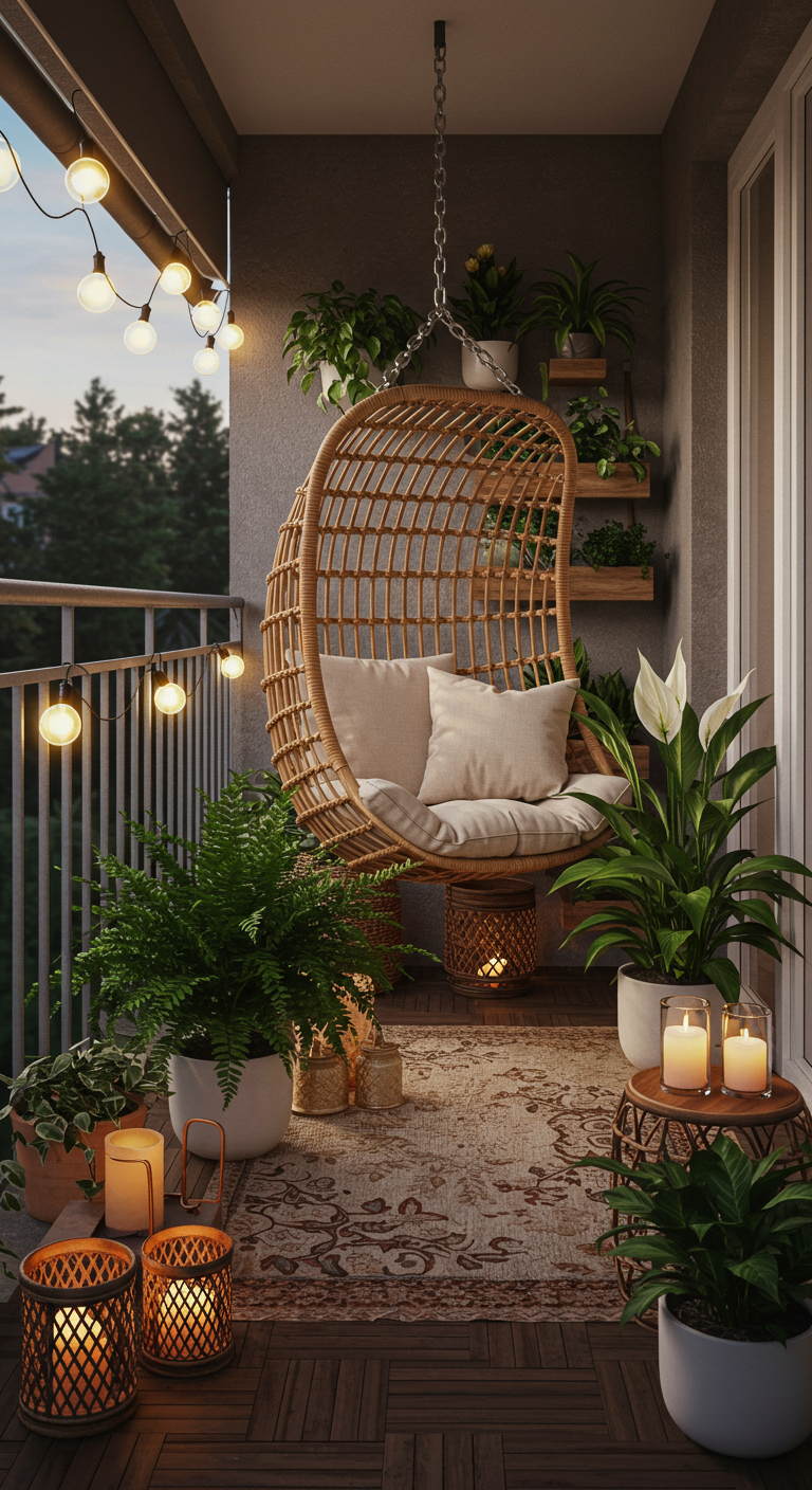 Rotan eivormige hangstoel op balkon met veel planten en sfeerlicht.