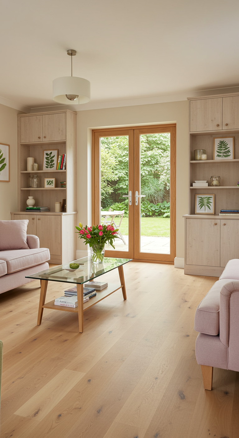 Lichte woonkamer met lichte houten vloer en kasten, openslaande deuren naar de tuin.