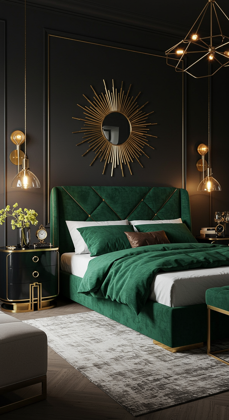 Luxe slaapkamer met donkergrijze muur, smaragdgroen velours bed en gouden accenten.