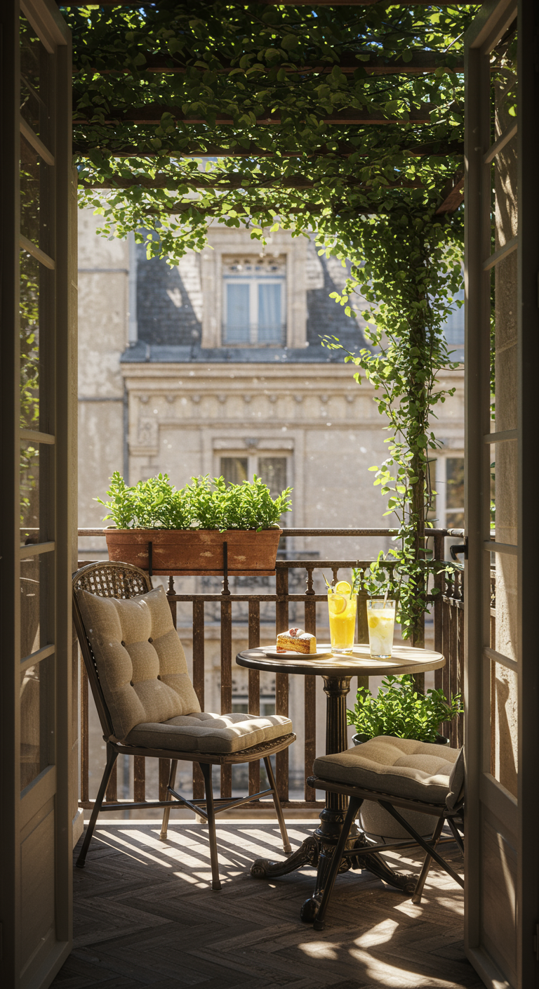 Bistroset op balkon onder een bladerdak van klimplanten, gefilterd zonlicht.