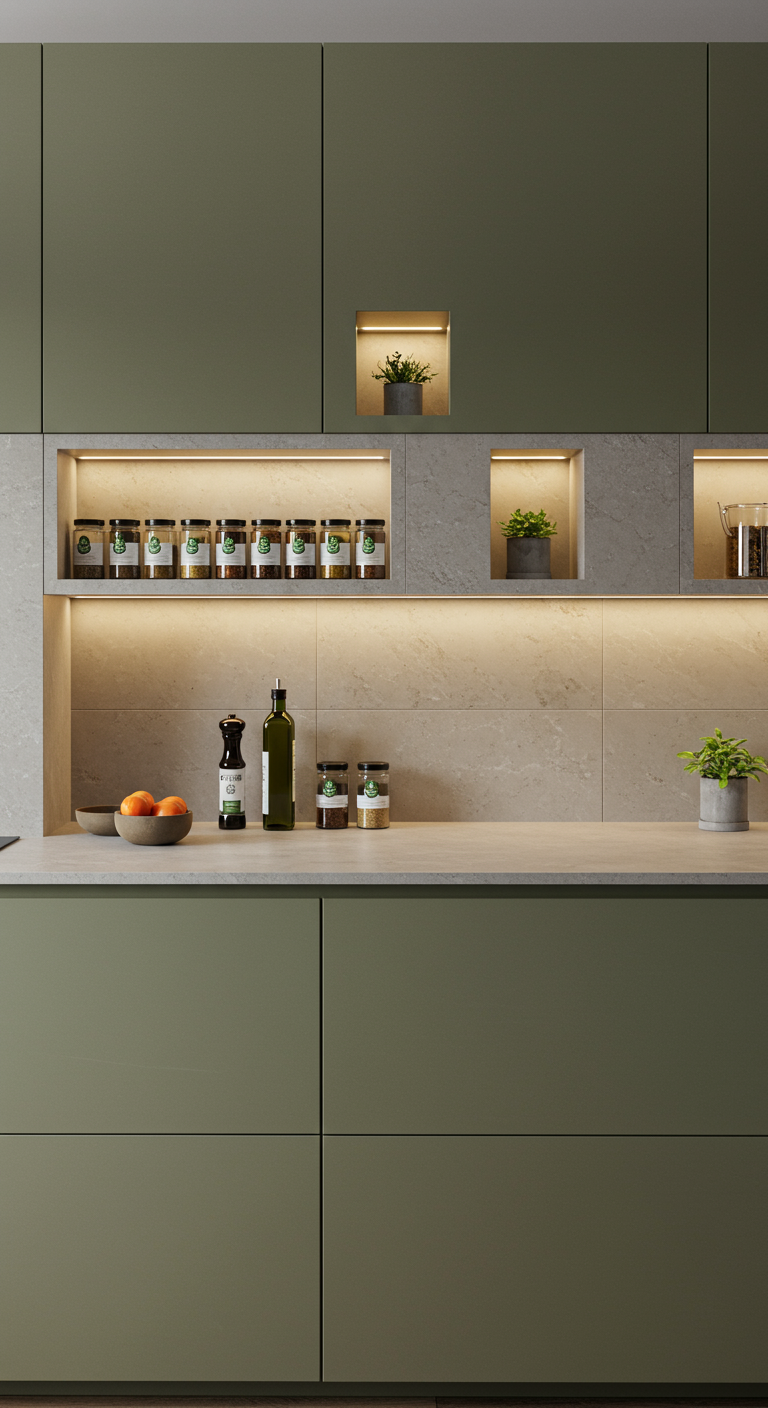 Moderne olijfgroene keuken met strakke lijnen en ingebouwde, verlichte open nissen.