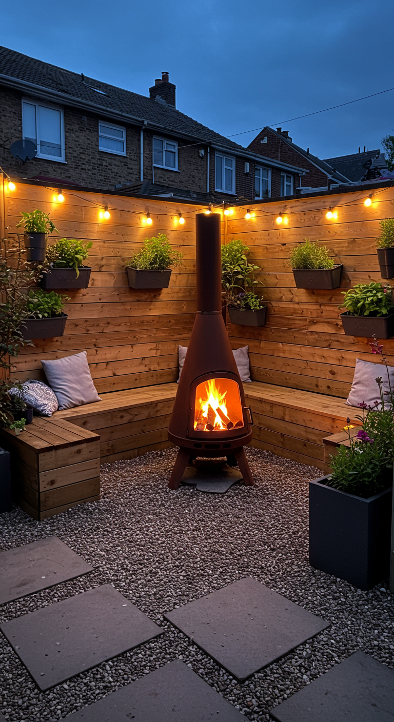Binnenplaats met chiminea, houten banken, kruiden aan de muur en lichtsnoer.