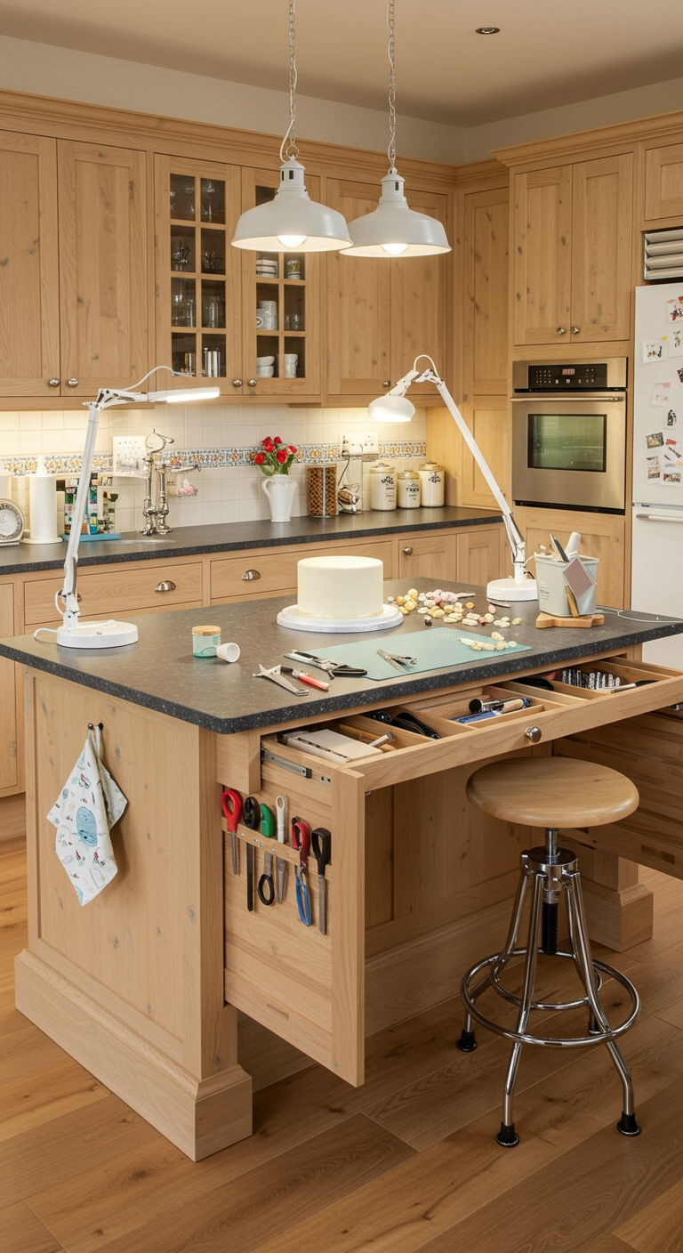Houten kookeiland ingericht als werkplek voor taartdecoratie met lades vol hobby materialen.