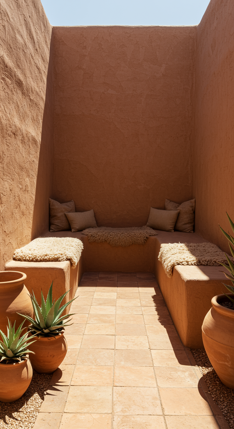 Beschutte binnenplaats met terracotta muren, ingebouwde banken met schapenvachtjes en grote plantenpotten.