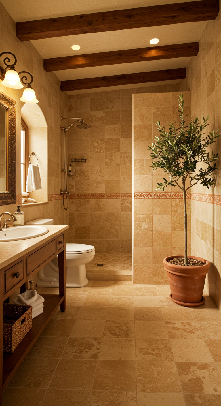 Mediterrane badkamer met terracotta natuursteen tegels, een houten meubel en een olijfboom in pot.