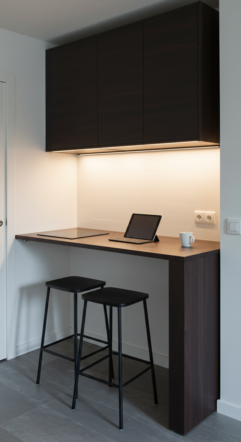 Smal donkerhouten barretje aan de muur met laptop, functionerend als compacte werkplek.