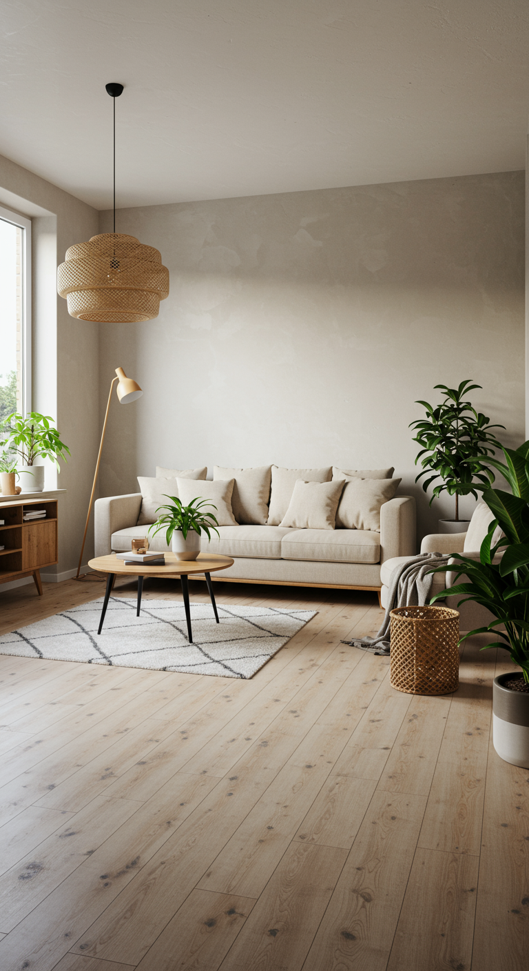 Natuurlijke woonkamer met beige bank, houten vloer, planten en rotan hanglamp.
