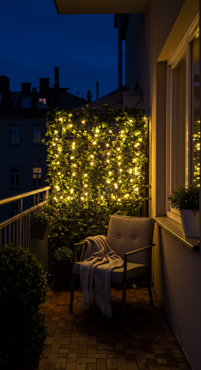 Groene klimopwand bedekt met een net van warmwitte kerstlichtjes, naast een stoel.
