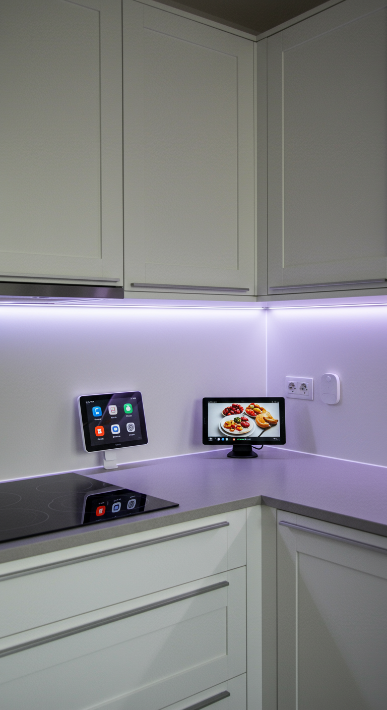 Witte keuken met tablets aan de muur en paarsgetinte LED-strip verlichting.