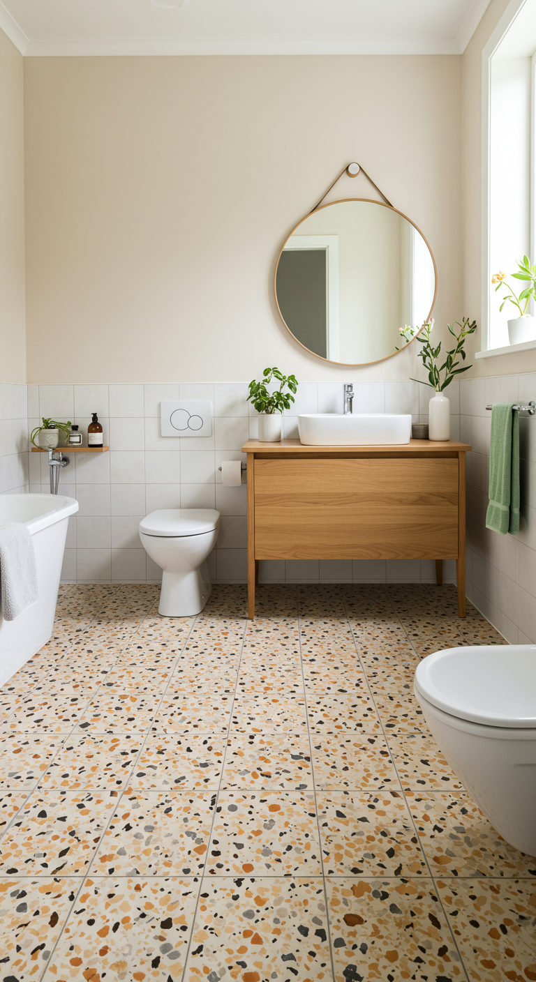Badkamer met terrazzo vloertegels, houten wastafelmeubel en een grote ronde spiegel.