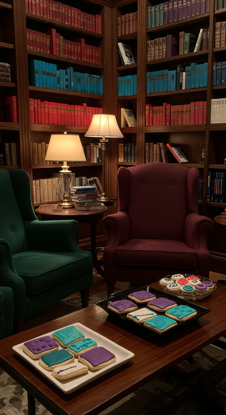 Gezellige leeshoek met fauteuils, boekenplanken en een tafel met koekjes in blauw- en paarstinten.
