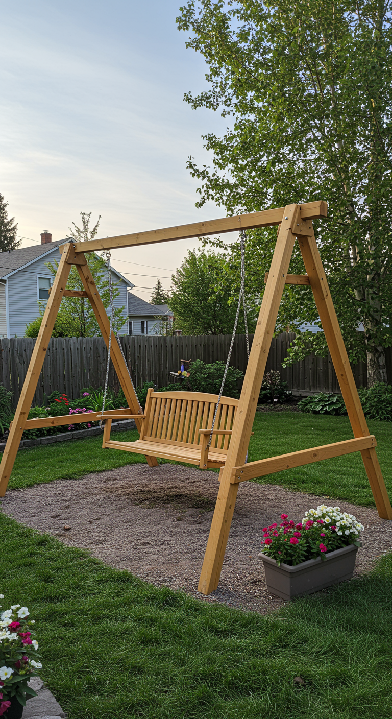 Houten A-frame schommelbank in een tuin met gras en bloembakken.