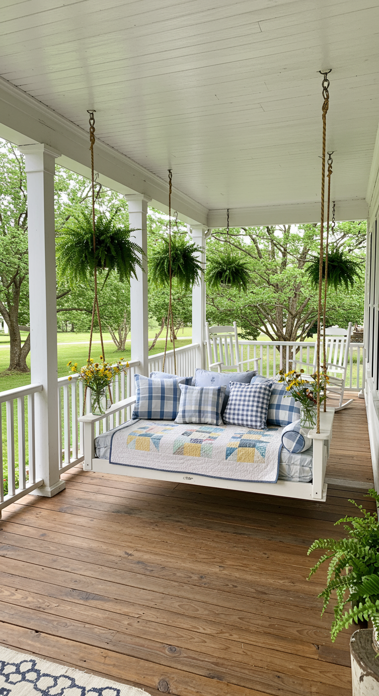 Wit houten schommelbed met blauw-witte kussens en quilt op een veranda met hangende varens.