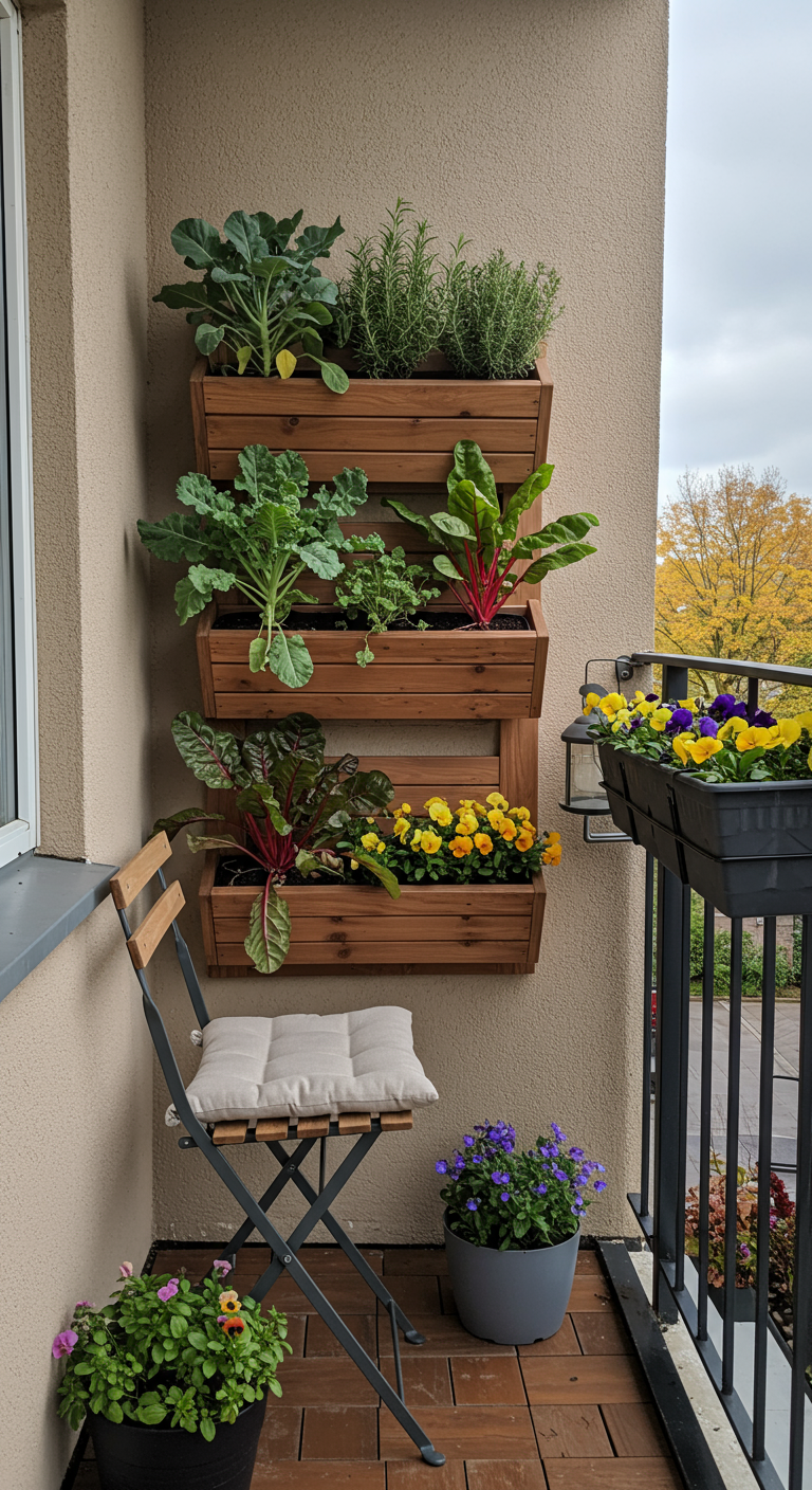 Balkonmuur met verticale houten plantenbakken vol groenten, kruiden en bloemen.