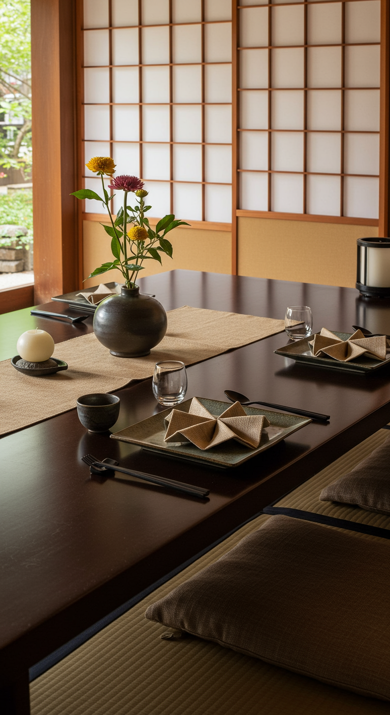 Japans minimalistisch gedekte tafel met gevouwen servetten.