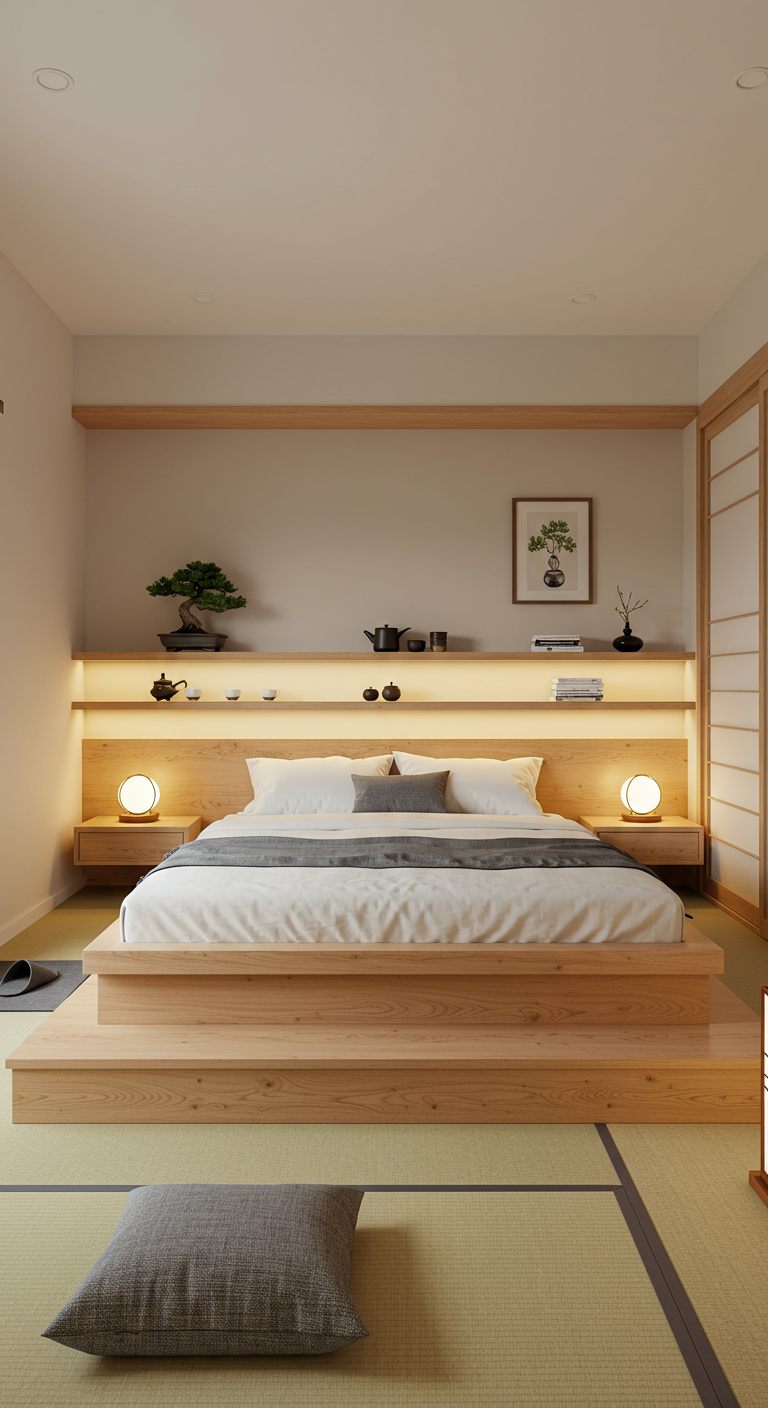 Minimalistisch Japans hoofdbord van een lange zwevende houten plank met indirecte verlichting.