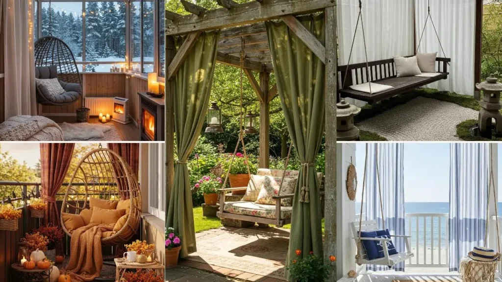 Collage van knusse hangplekken met gordijnen, zoals een schommelbank, een hangstoel en een pergola.