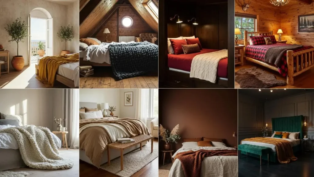 Collage van knusse slaapkamers met dikke gebreide dekens, rustieke houten vloeren en muren in warme, aardse tinten.