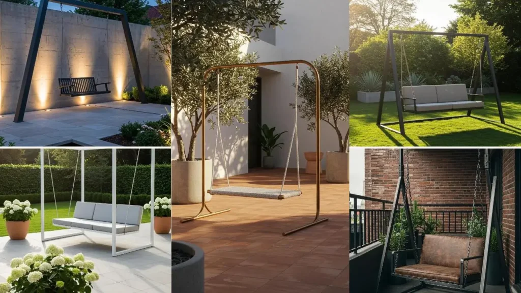 Verschillende moderne metalen schommelframes met strakke lijnen en neutrale tinten in diverse buitenomgevingen.