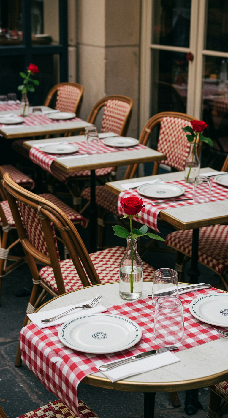 Parijse bistrotafeltjes met rood-wit geblokte kleden en rode rozen.